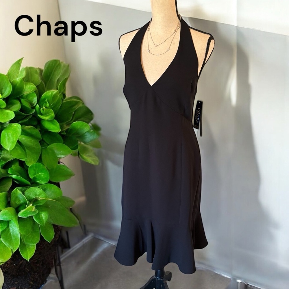 Chaps-NWT size 14 Newport black halter dress. Lined, side zip, flared bottom